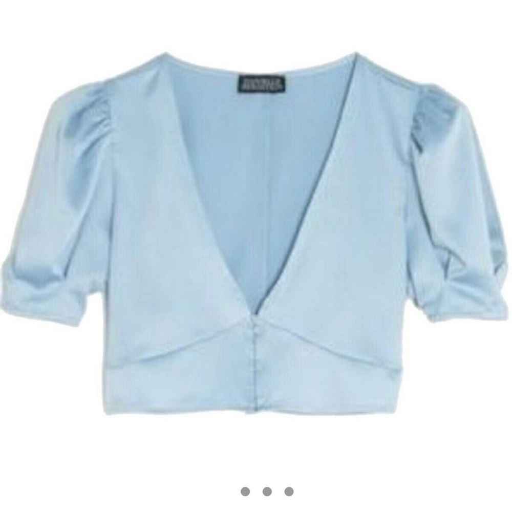 Danielle Bernstein Weworewhat blue Satin Puff Sleeve Crop Top